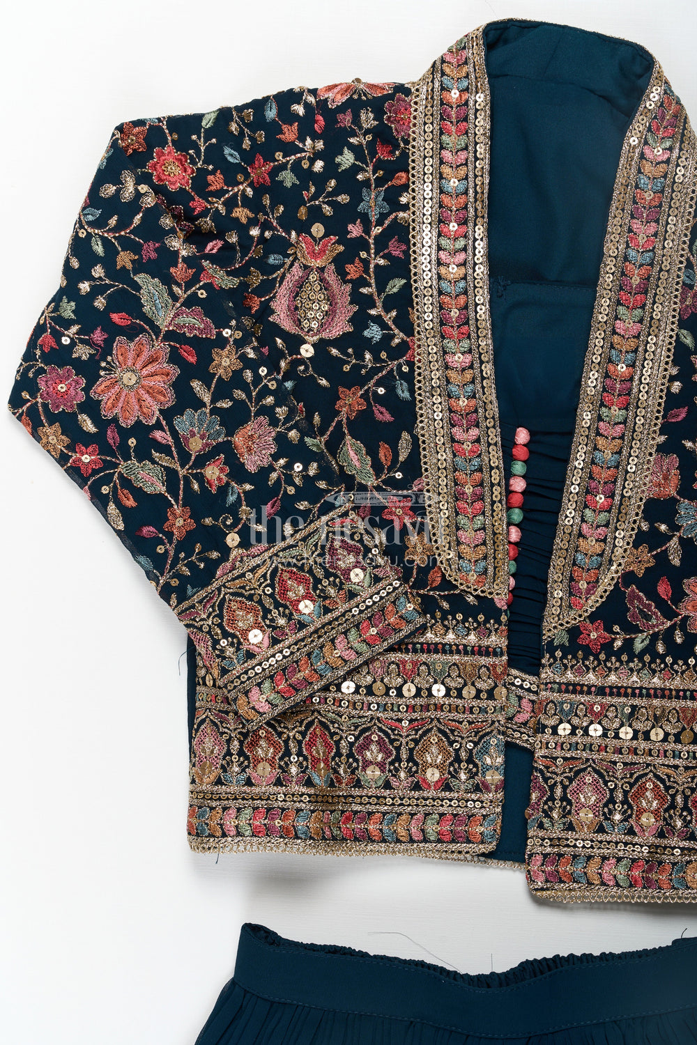The Nesavu Girls Sharara / Plazo Set Girls Top with Sharara Set in Georgette with Designer Embroidered Jacket and Flared Pants Nesavu Nesavu Girls Navy Top Sharara Set Georgette Embroidered Mirror Work Jacket