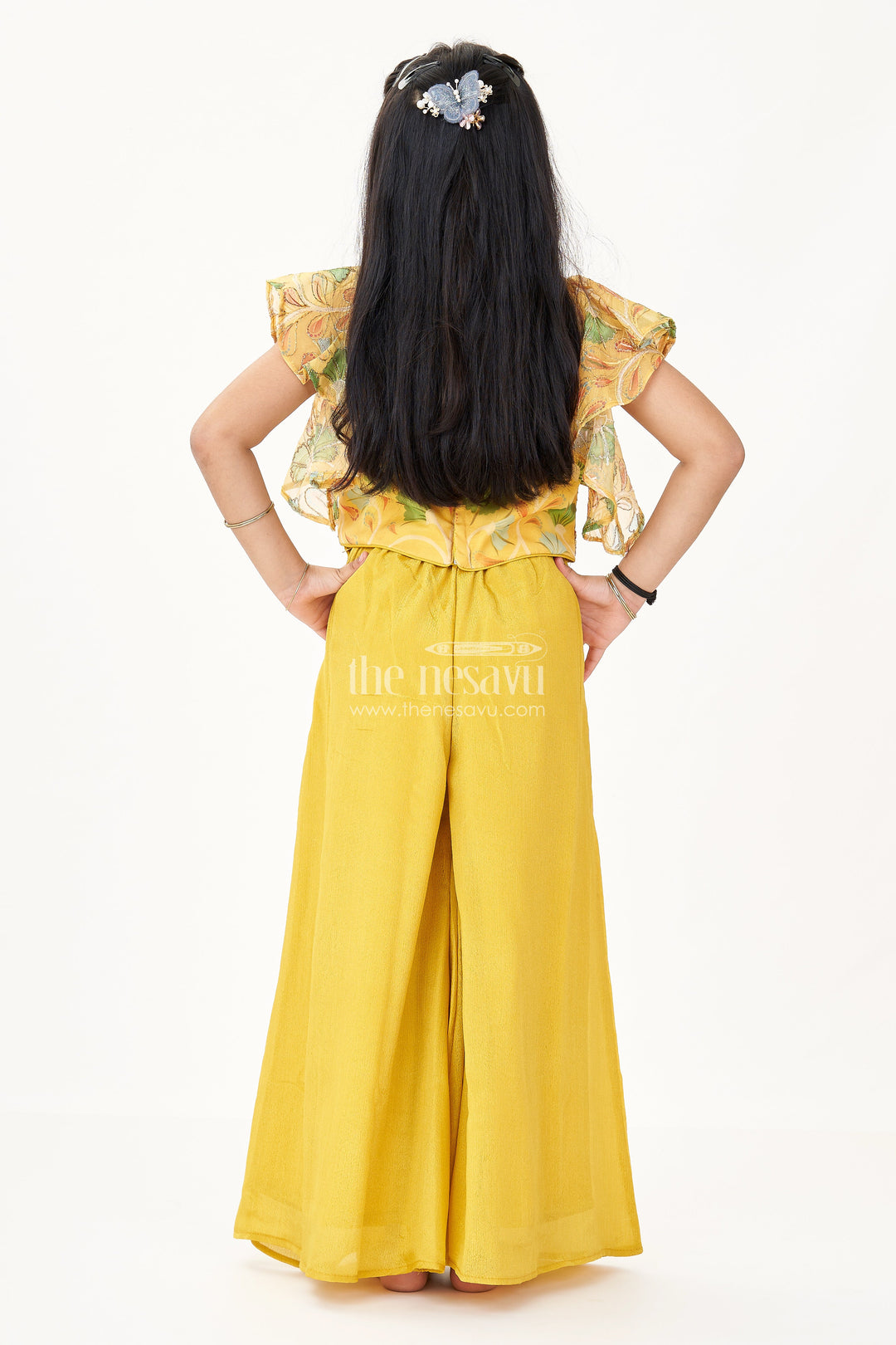The Nesavu Girls Sharara / Plazo Set Girls Tops and Palazzo Set in Mustard Yellow Shimmer Viscose with Sequin Detailing Nesavu Nesavu Tops Palazzo Set Girls Mustard Shimmer Viscose Mirror Embellishments
