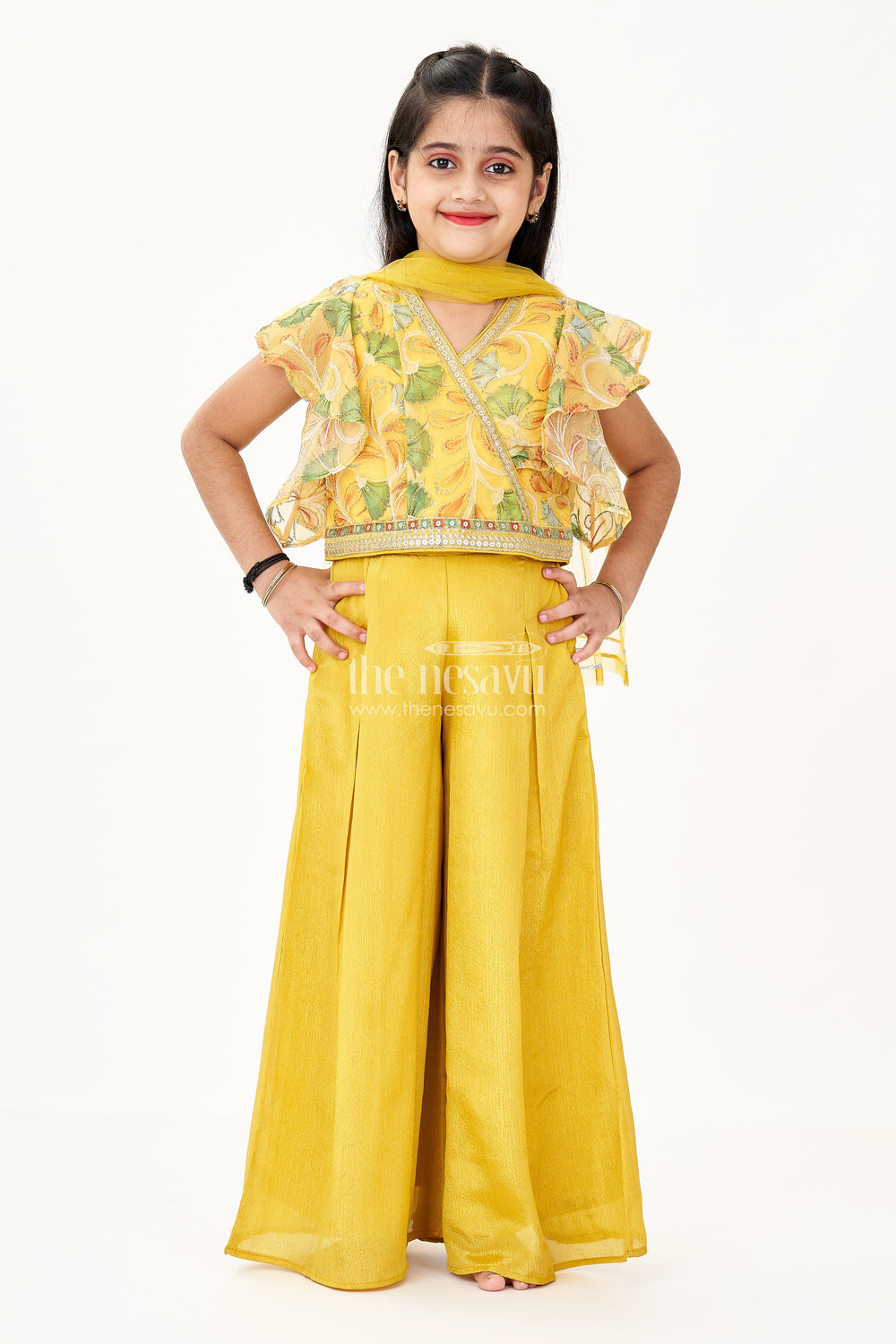 The Nesavu Girls Sharara / Plazo Set Girls Tops and Palazzo Set in Mustard Yellow Shimmer Viscose with Sequin Detailing Nesavu Nesavu Tops Palazzo Set Girls Mustard Shimmer Viscose Mirror Embellishments