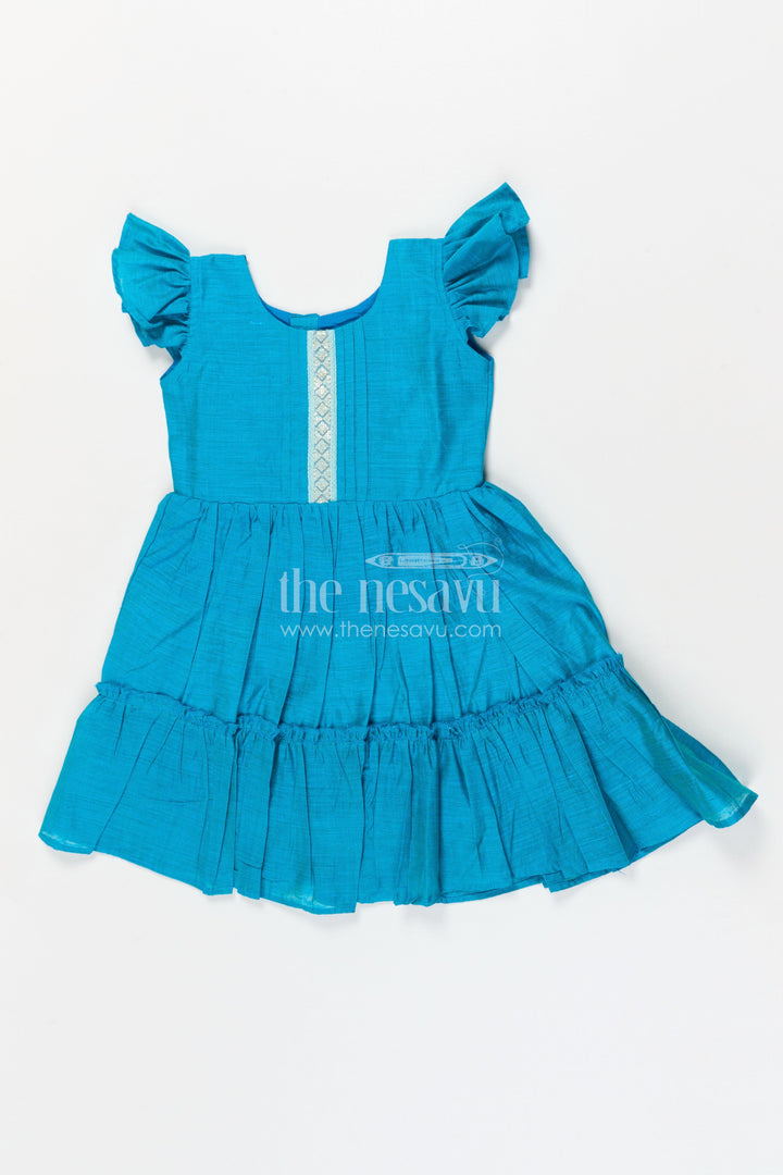 The Nesavu Girls Chanderi Frock Girls Traditional Frock for School Ethnic Days and Family Events Nesavu 18 (2Y) / Blue / Chanderi GFC2071B-18 Nesavu traditional cotton frock for girls with ethnic design for school events and poojas