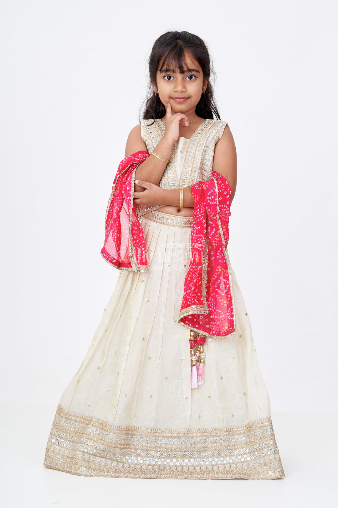 The Nesavu Girls Lehenga Choli Girls Traditional Gujarati Lehenga Choli in Cream with Mirror Work and Bandhani Dupatta Nesavu 24 (5Y) / Cream GL571A-24 Nesavu Girls Embroidered Traditional Gujarati Lehenga Choli Bandhani Dupatta