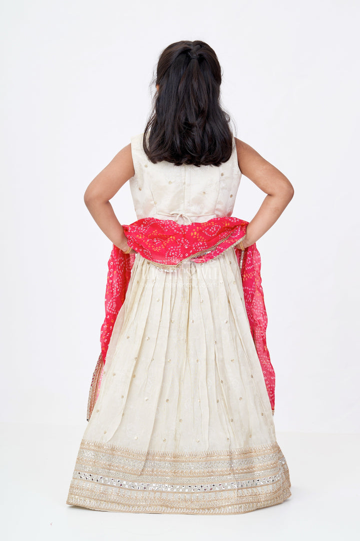 The Nesavu Girls Lehenga Choli Girls Traditional Gujarati Lehenga Choli in Cream with Mirror Work and Bandhani Dupatta Nesavu Nesavu Girls Embroidered Traditional Gujarati Lehenga Choli Bandhani Dupatta
