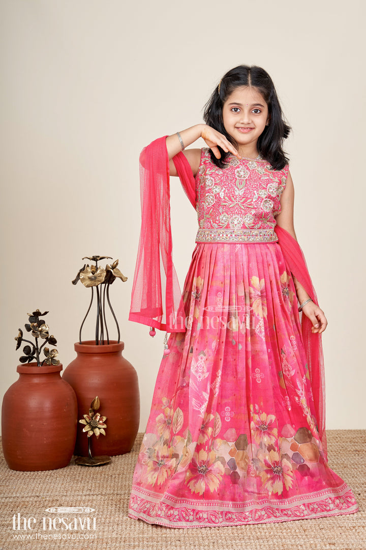The Nesavu Girls Lehenga Choli Girls Traditional Lehenga Durga Puja Celebration Wear Nesavu 24 (5Y) / Pink GL728B-24 Nesavu Red Embroidered Tissue Digital Lehenga Girls Durga Puja Dupatta Traditional Flair
