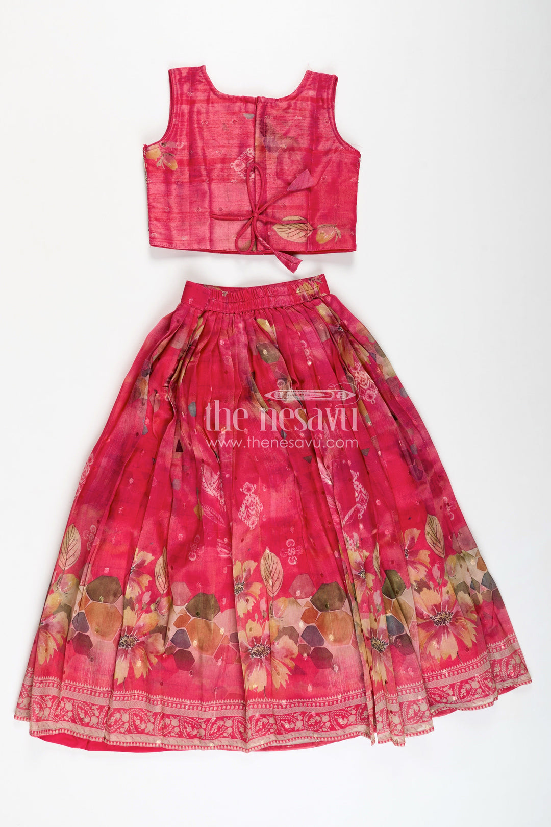The Nesavu Girls Lehenga Choli Girls Traditional Lehenga Durga Puja Celebration Wear Nesavu Nesavu Red Embroidered Tissue Digital Lehenga Girls Durga Puja Dupatta Traditional Flair