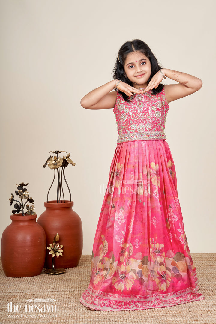 The Nesavu Girls Lehenga Choli Girls Traditional Lehenga Durga Puja Celebration Wear Nesavu Nesavu Red Embroidered Tissue Digital Lehenga Girls Durga Puja Dupatta Traditional Flair
