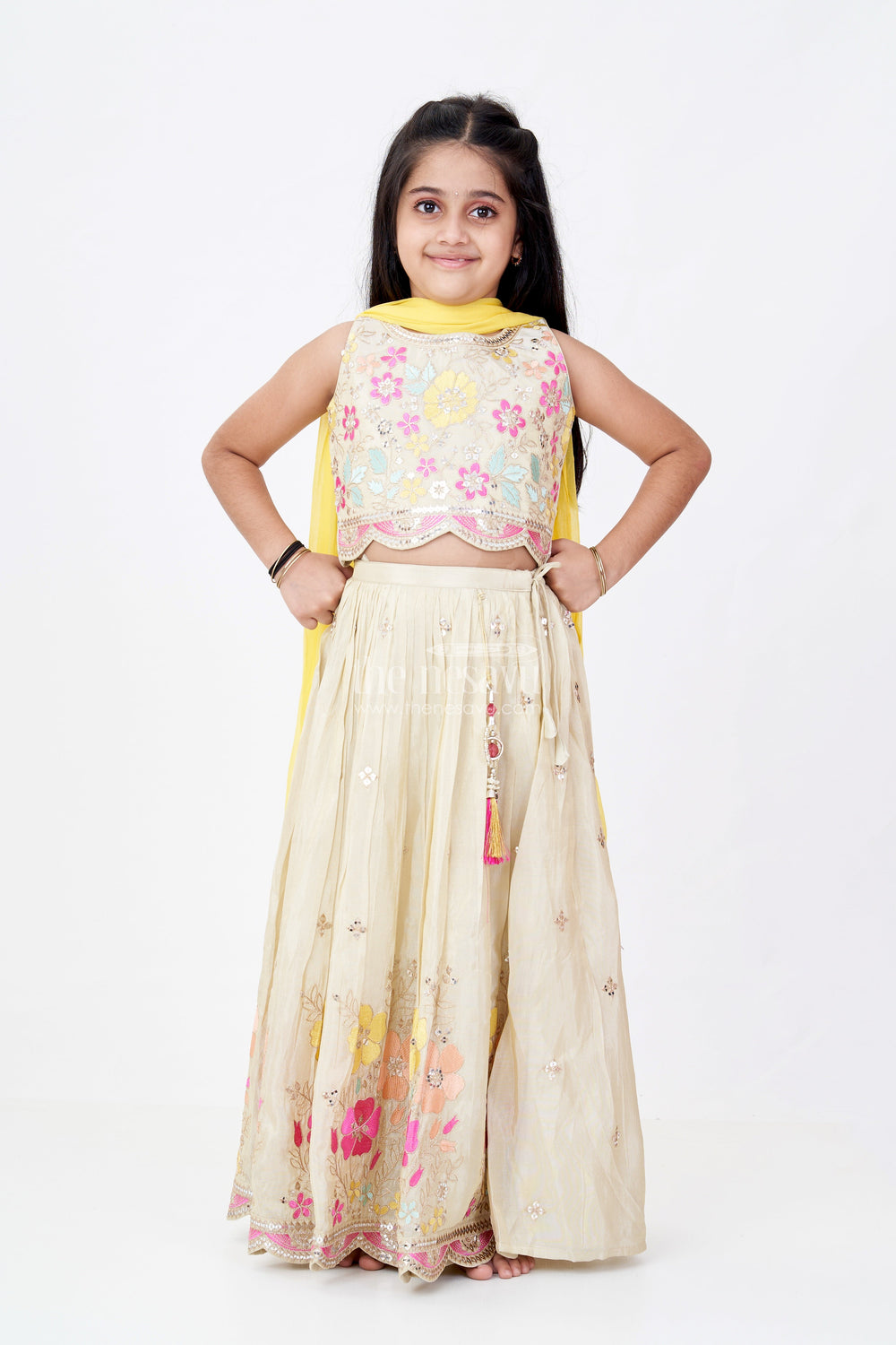 The Nesavu Girls Lehenga Choli Girls Traditional Lehenga Look Set in Gold Tissue Silk with Embroidered Floral Details and Dupatta Nesavu Nesavu Girls Traditional Lehenga Look Set Gold Tissue Silk Floral Embroidery Yellow Dupatta