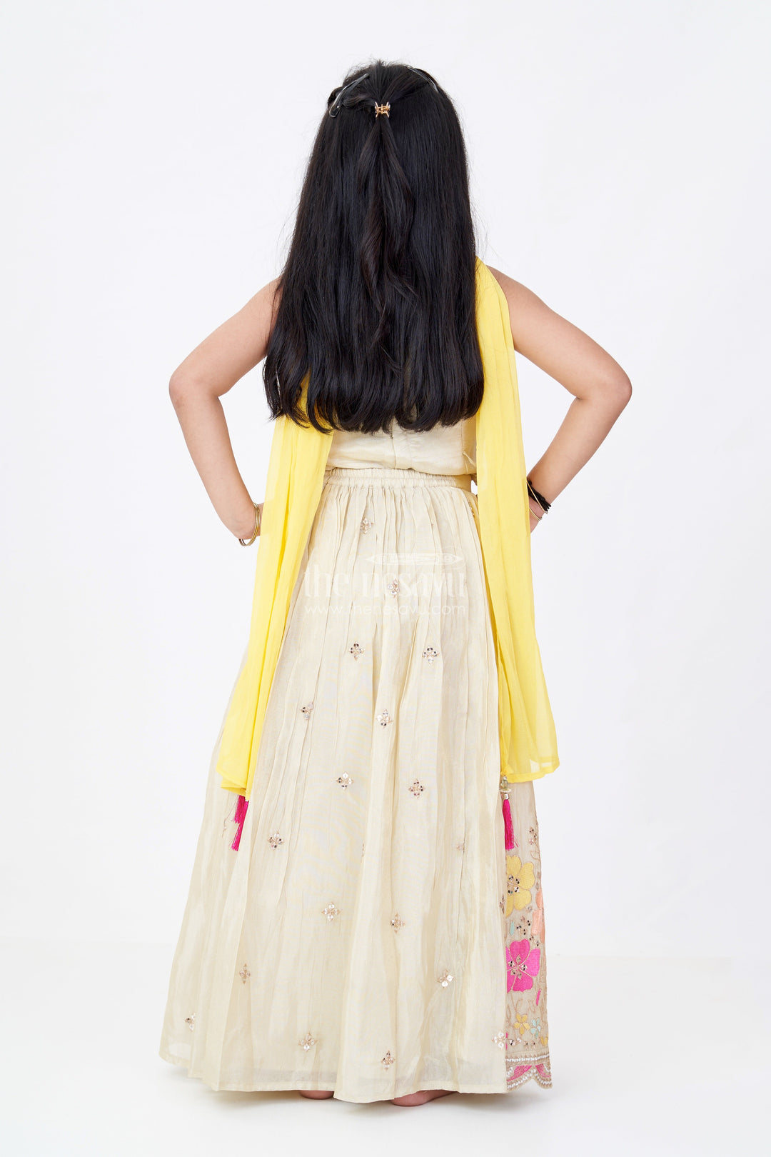 The Nesavu Girls Lehenga Choli Girls Traditional Lehenga Look Set in Gold Tissue Silk with Embroidered Floral Details and Dupatta Nesavu Nesavu Girls Traditional Lehenga Look Set Gold Tissue Silk Floral Embroidery Yellow Dupatta