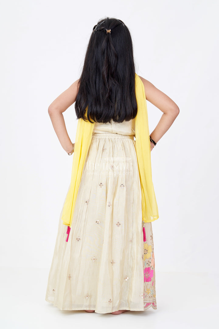 The Nesavu Girls Lehenga Choli Girls Traditional Lehenga Look Set in Gold Tissue Silk with Embroidered Floral Details and Dupatta Nesavu Nesavu Girls Traditional Lehenga Look Set Gold Tissue Silk Floral Embroidery Yellow Dupatta