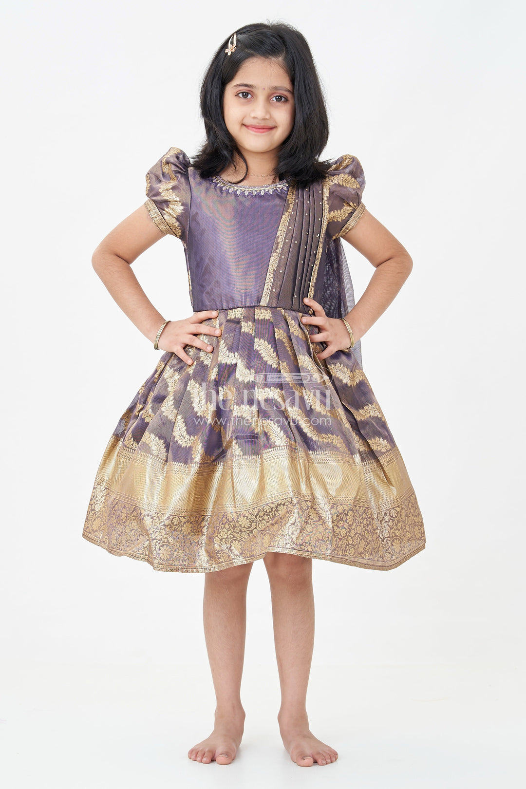 The Nesavu Silk Frock Girls Traditional Long Frocks in Purple Organza Silk Banarasi with Zari Big Border and Puff Sleeves Nesavu 16 (1Y) / Purple SF1025A-16 Nesavu Girls Traditional Long Frocks Organza Silk Banarasi Gold Zari Border Puff Sleeves