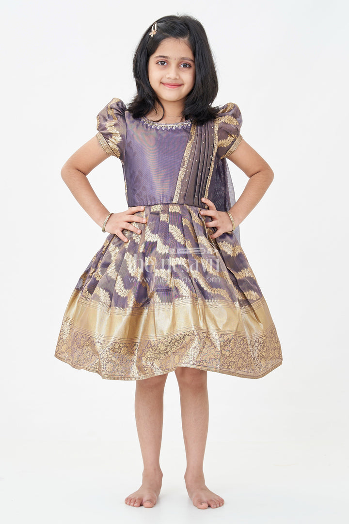 The Nesavu Silk Frock Girls Traditional Long Frocks in Purple Organza Silk Banarasi with Zari Big Border and Puff Sleeves Nesavu 16 (1Y) / Purple SF1025A-16 Nesavu Girls Traditional Long Frocks Organza Silk Banarasi Gold Zari Border Puff Sleeves
