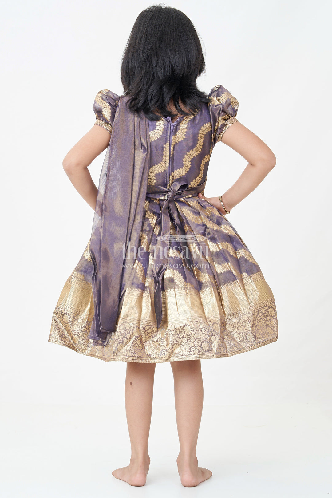 The Nesavu Silk Frock Girls Traditional Long Frocks in Purple Organza Silk Banarasi with Zari Big Border and Puff Sleeves Nesavu Nesavu Girls Traditional Long Frocks Organza Silk Banarasi Gold Zari Border Puff Sleeves