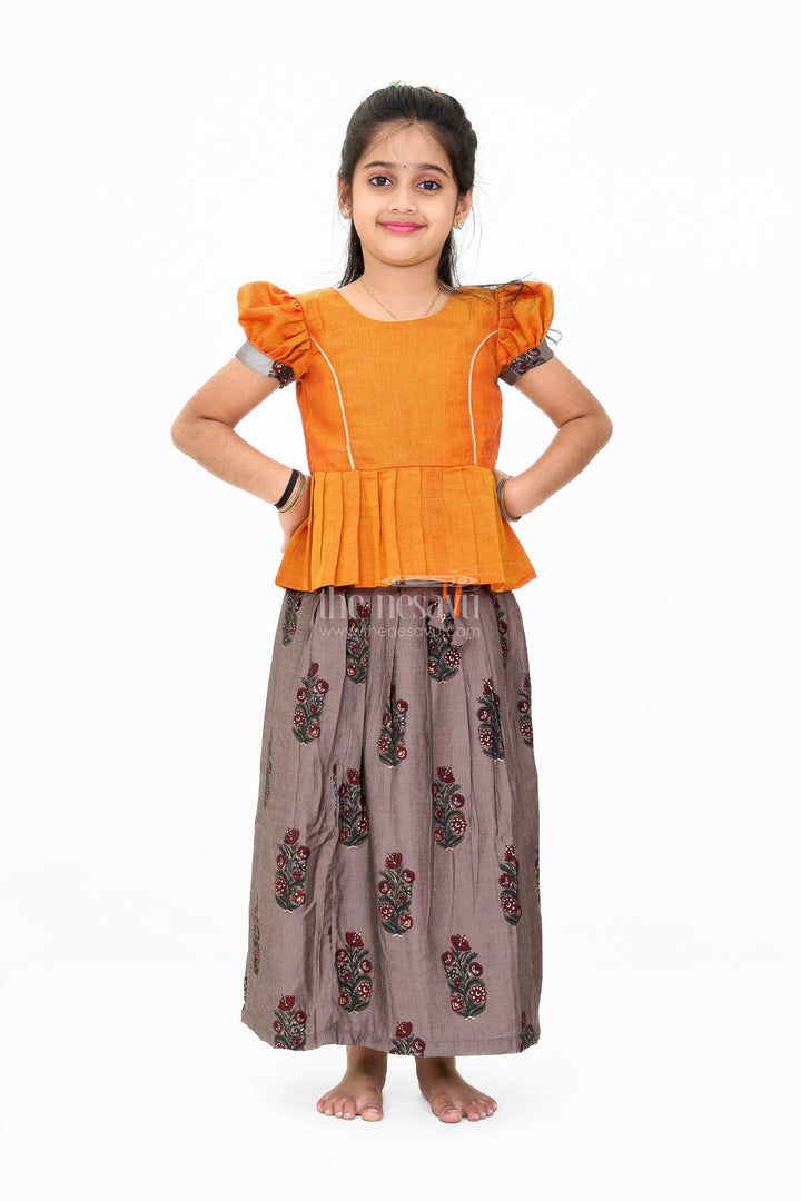 The Nesavu Pattu Pavadai Girls Traditional Pattu Pavadai Dress in Orange and Black with Silk Blend Fabric and Elegant Zari Accents Nesavu Nesavu Silk Blend Girls Pattu Pavadai Dress Orange Black Traditional Zari Style