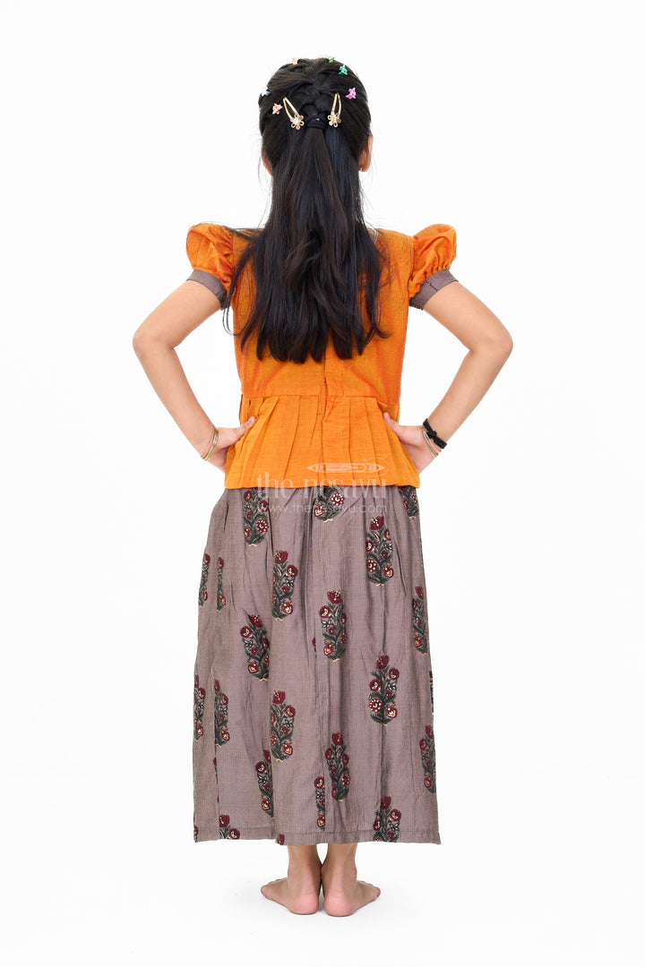 The Nesavu Pattu Pavadai Girls Traditional Pattu Pavadai Dress in Orange and Black with Silk Blend Fabric and Elegant Zari Accents Nesavu Nesavu Silk Blend Girls Pattu Pavadai Dress Orange Black Traditional Zari Style