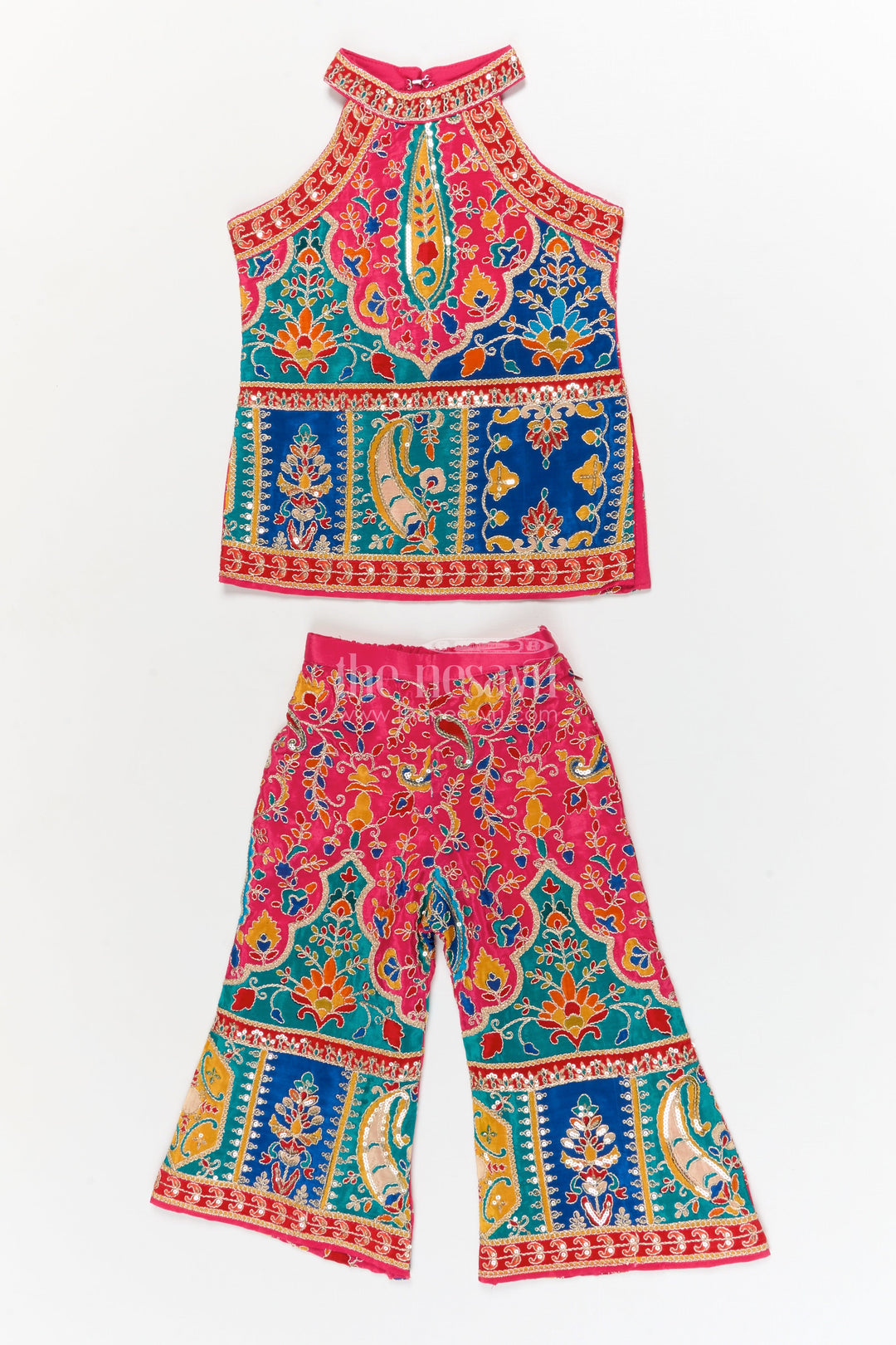 The Nesavu Girls Sharara / Plazo Set Girls Traditional Plazo Set with Mirror Embroidery for Cultural Day and Festive Wear Nesavu 16 (1Y) / Multicolor / Viscose Silk GPS934A-16 Nesavu girls traditional embroidered plazo set with high-neck blouse and dupatta for cultural functions