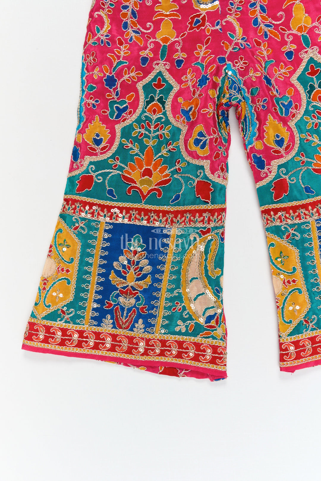 The Nesavu Girls Sharara / Plazo Set Girls Traditional Plazo Set with Mirror Embroidery for Cultural Day and Festive Wear Nesavu Nesavu girls traditional embroidered plazo set with high-neck blouse and dupatta for cultural functions