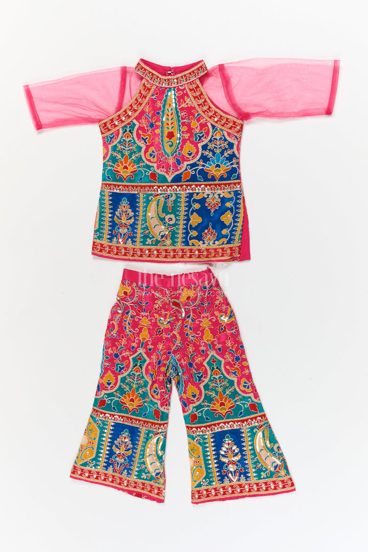 The Nesavu Girls Sharara / Plazo Set Girls Traditional Plazo Set with Mirror Embroidery for Cultural Day and Festive Wear Nesavu Nesavu girls traditional embroidered plazo set with high-neck blouse and dupatta for cultural functions