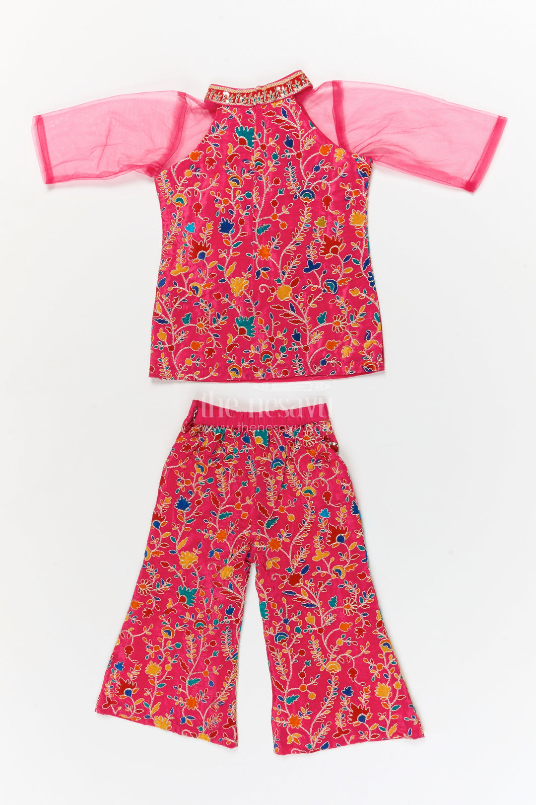 The Nesavu Girls Sharara / Plazo Set Girls Traditional Plazo Set with Mirror Embroidery for Cultural Day and Festive Wear Nesavu Nesavu girls traditional embroidered plazo set with high-neck blouse and dupatta for cultural functions