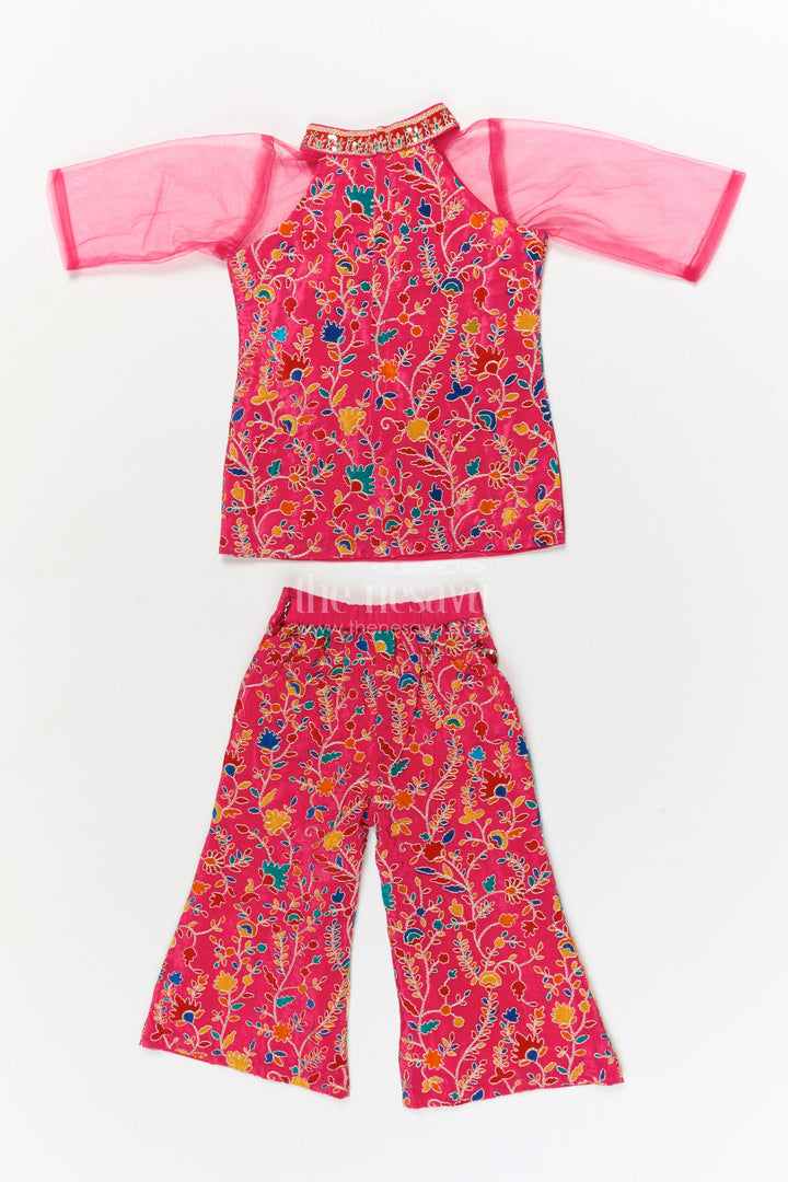 The Nesavu Girls Sharara / Plazo Set Girls Traditional Plazo Set with Mirror Embroidery for Cultural Day and Festive Wear Nesavu Nesavu girls traditional embroidered plazo set with high-neck blouse and dupatta for cultural functions