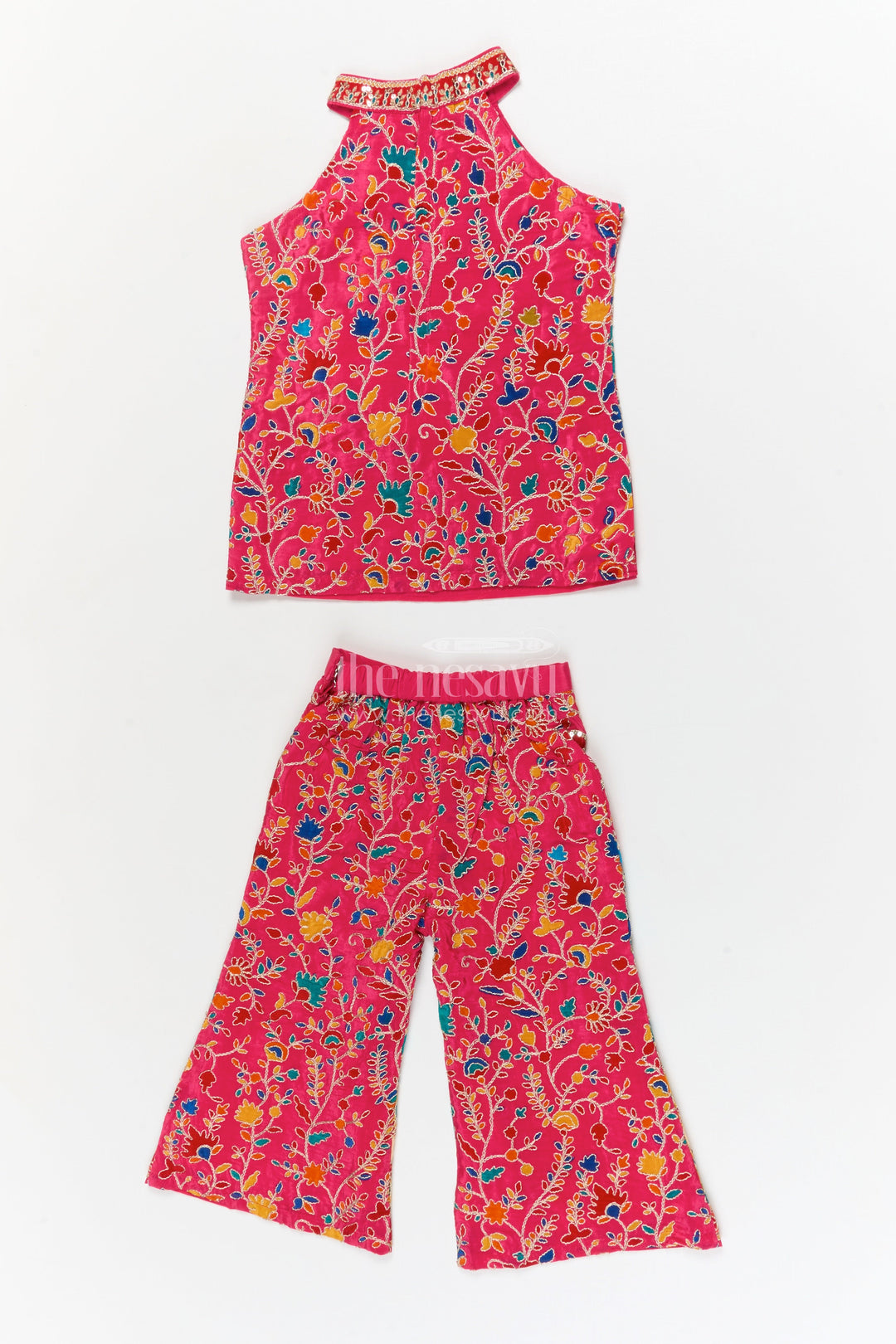 The Nesavu Girls Sharara / Plazo Set Girls Traditional Plazo Set with Mirror Embroidery for Cultural Day and Festive Wear Nesavu Nesavu girls traditional embroidered plazo set with high-neck blouse and dupatta for cultural functions