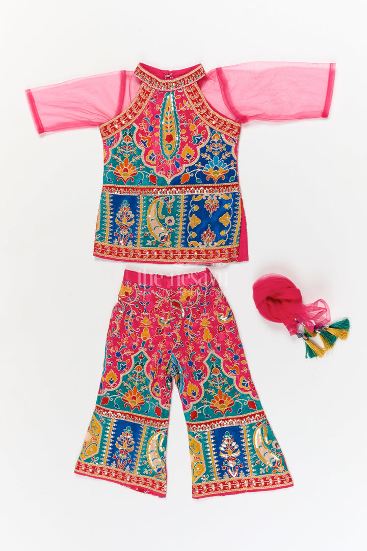 The Nesavu Girls Sharara / Plazo Set Girls Traditional Plazo Set with Mirror Embroidery for Cultural Day and Festive Wear Nesavu Nesavu girls traditional embroidered plazo set with high-neck blouse and dupatta for cultural functions