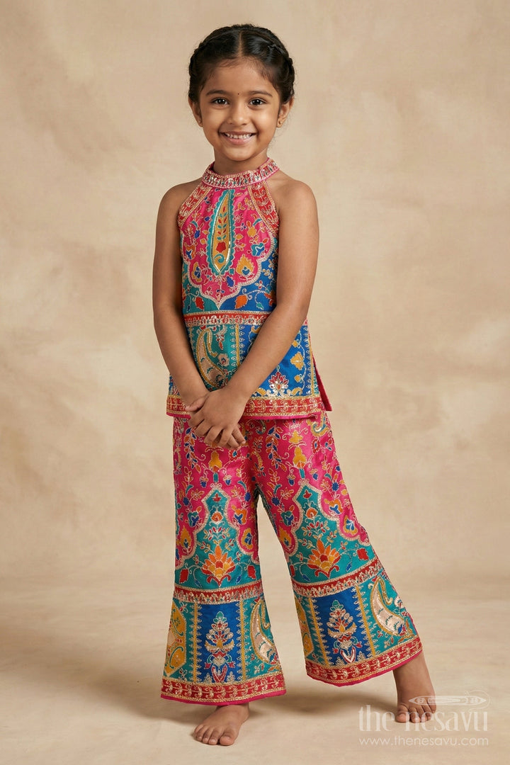 The Nesavu Girls Sharara / Plazo Set Girls Traditional Plazo Set with Mirror Embroidery for Cultural Day and Festive Wear Nesavu Nesavu girls traditional embroidered plazo set with high-neck blouse and dupatta for cultural functions