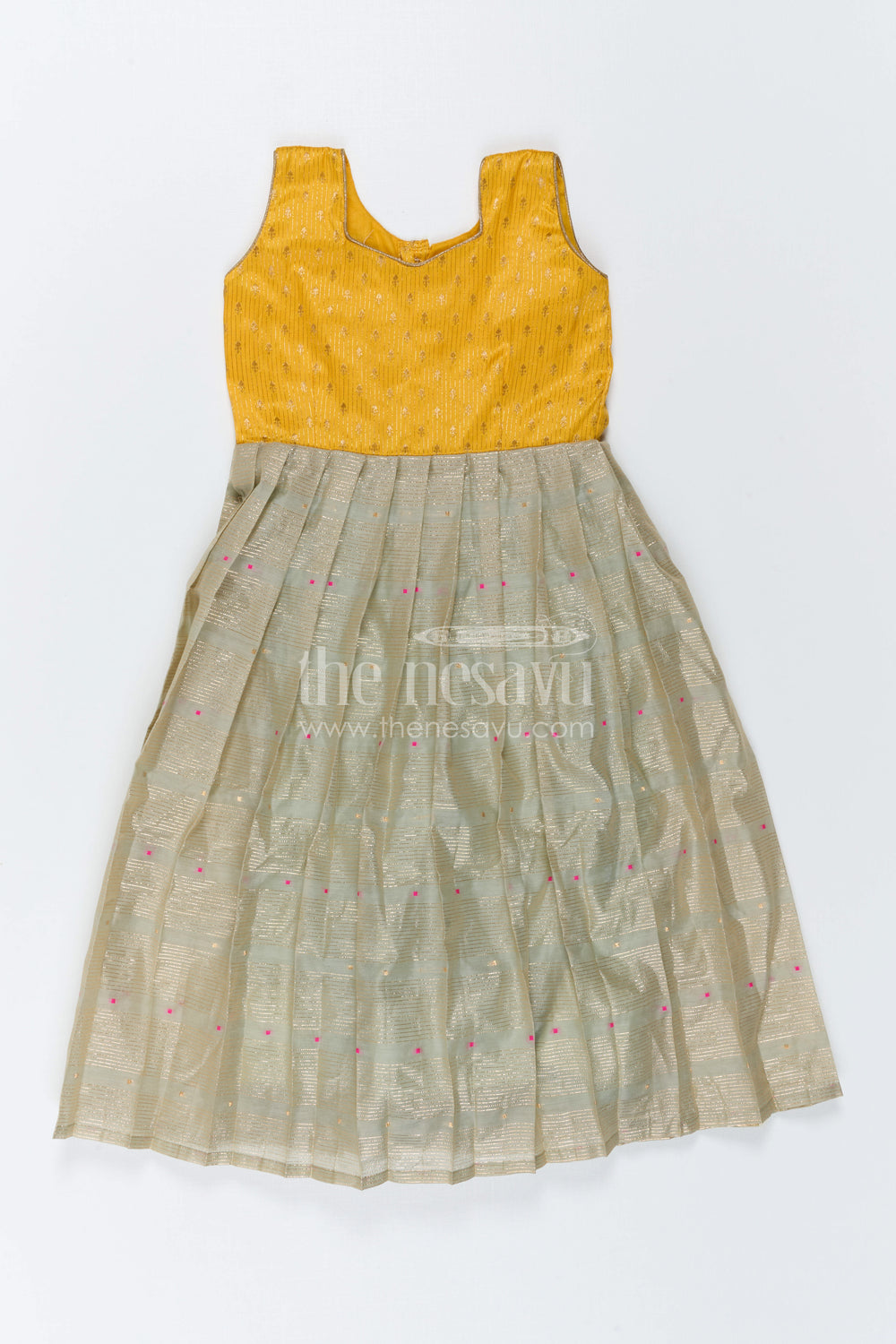 The Nesavu Girls Silk Gown Girls Traditional Silk Gown for Festive Family Occasions Nesavu 16 (1Y) / Yellow / Silk Blend GA395A-16 Nesavu Girls Traditional Silk Gown With Demi Banaras Yoke For Festive Family Celebrations
