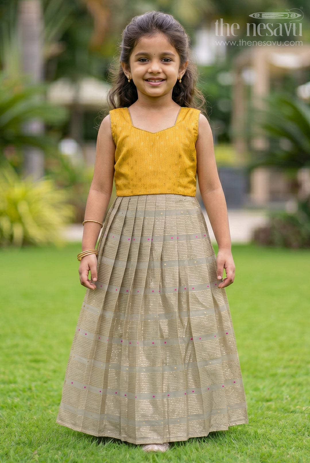 The Nesavu Girls Silk Gown Girls Traditional Silk Gown for Festive Family Occasions Nesavu 16 (1Y) / Yellow / Silk Blend GA395A-16 Nesavu Girls Traditional Silk Gown With Demi Banaras Yoke For Festive Family Celebrations