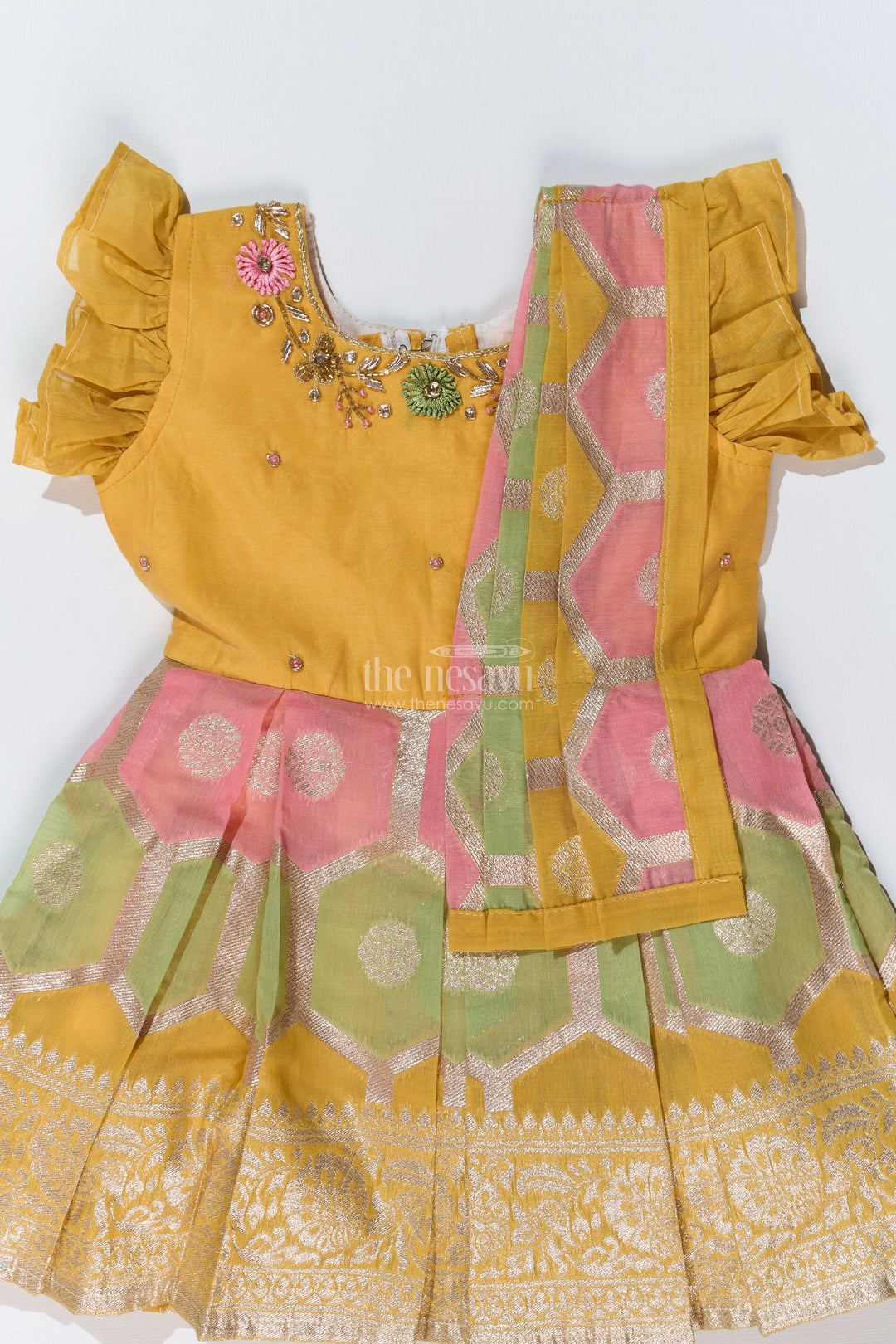 The Nesavu Silk Party Frock Girls Traditional Silk Saree Frock with Embroidery and Ruffled Sleeves for Festive Wear Nesavu Nesavu Girls Silk Saree Frock Embroidery Ruffles Festive Party Wear