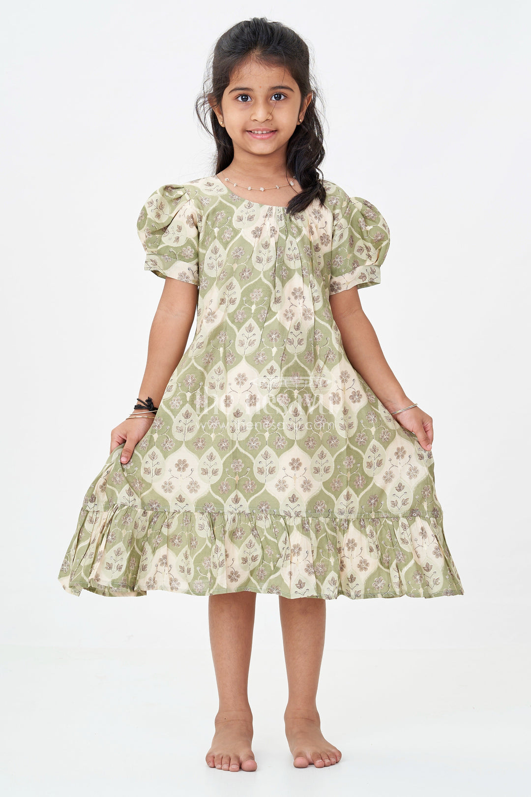 The Nesavu Girls Fancy Frock Girls Trending Frock Design in Green Muslin Silk with Floral Leaf Digital Print and Short Puff Sleeves Nesavu 18 (2Y) / Green GFC1757A-18 Nesavu Green Muslin Silk Trending Frock Design Girls Floral Leaf Print Puff Sleeves
