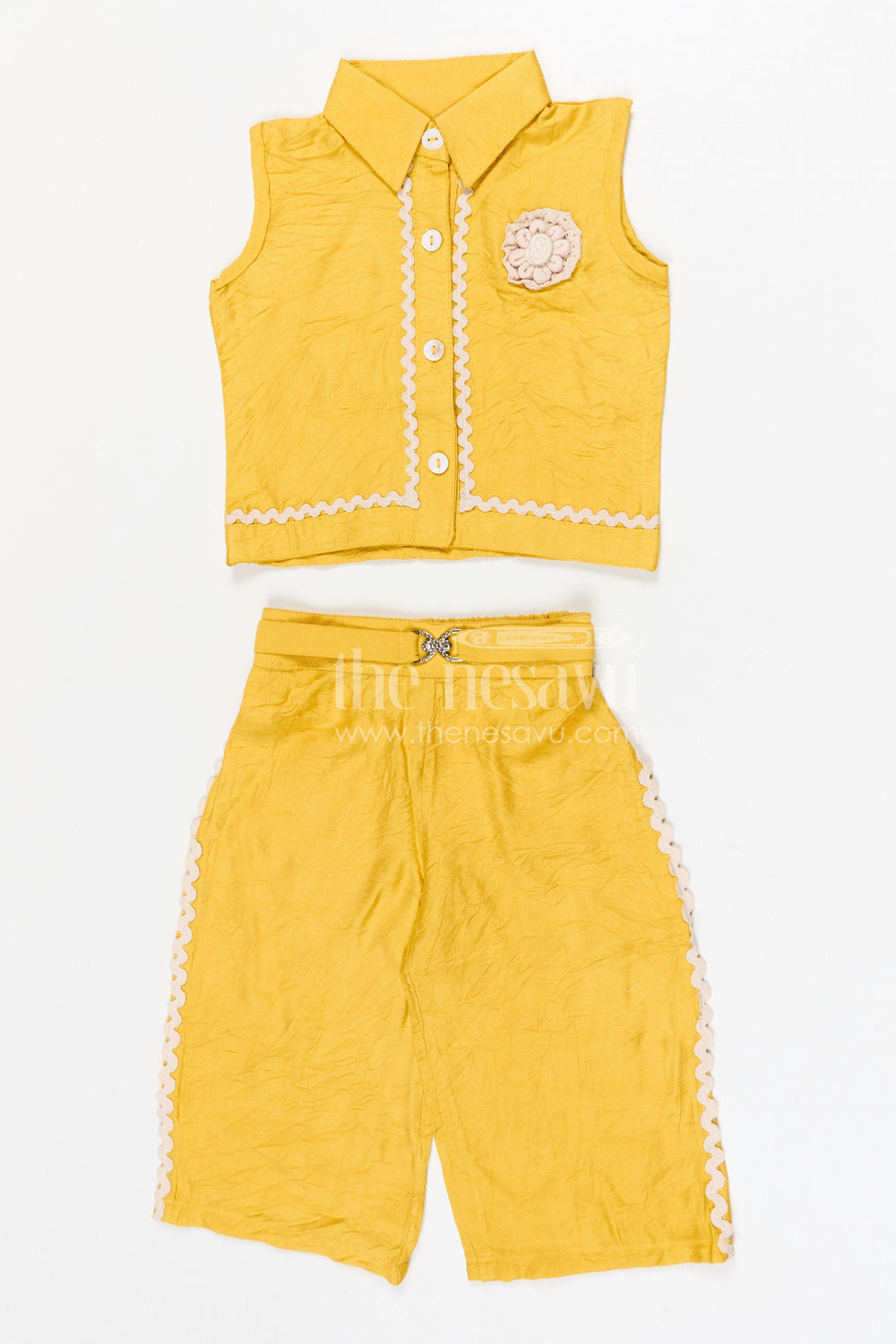 The Nesavu Girls Co-Ord Sets Girls Trendy Bubble Crepe Co-ord Set for Casual Outings and Playful Summer Style Nesavu 18 (2Y) / Yellow / Bubble GCS018B-18 Nesavu girls bubble crepe co-ord set for casual outings summer wear and kids fashion