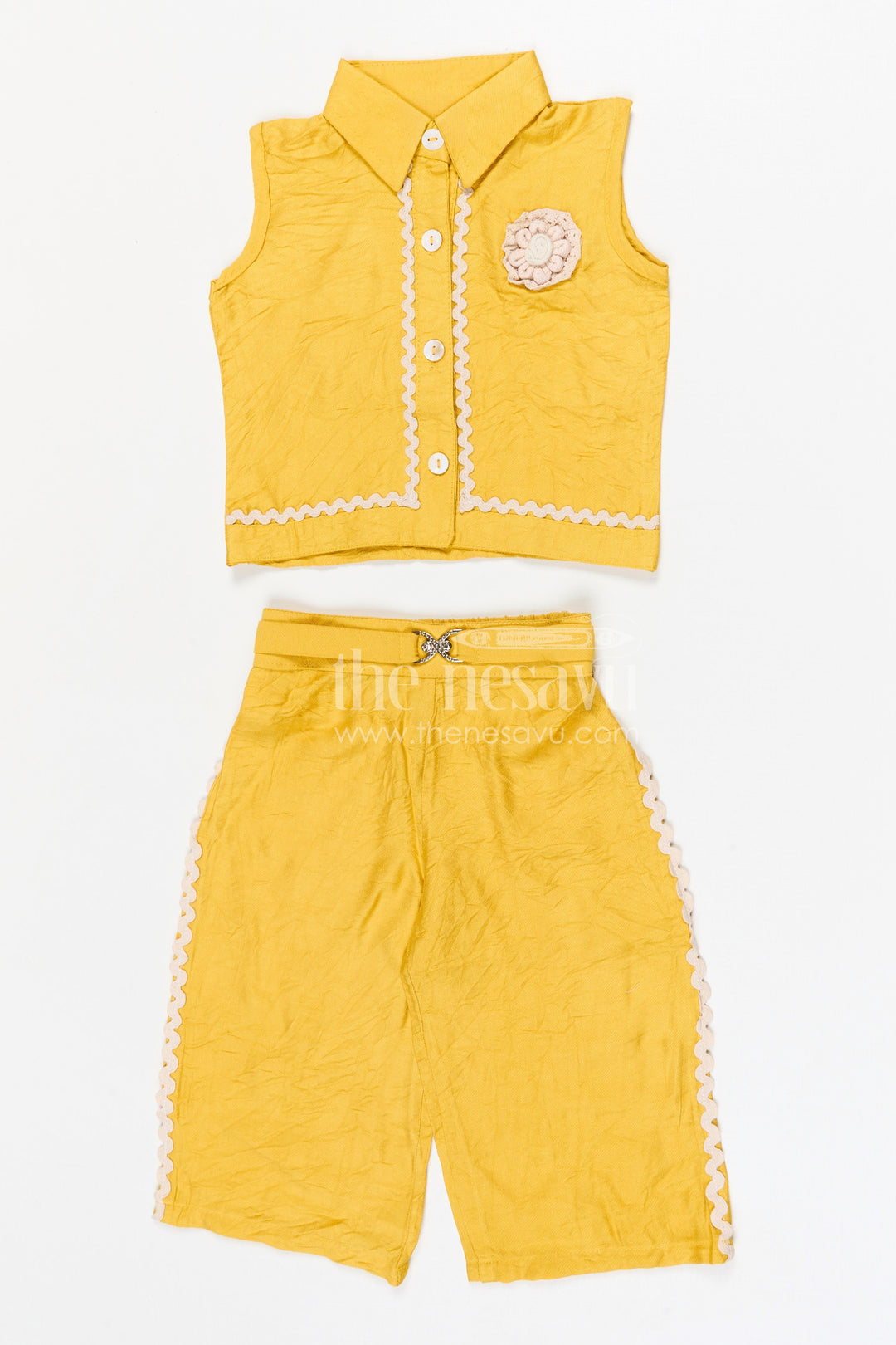 The Nesavu Girls Co-Ord Sets Girls Trendy Bubble Crepe Co-ord Set for Casual Outings and Playful Summer Style Nesavu 18 (2Y) / Yellow / Bubble GCS018B-18 Nesavu girls bubble crepe co-ord set for casual outings summer wear and kids fashion