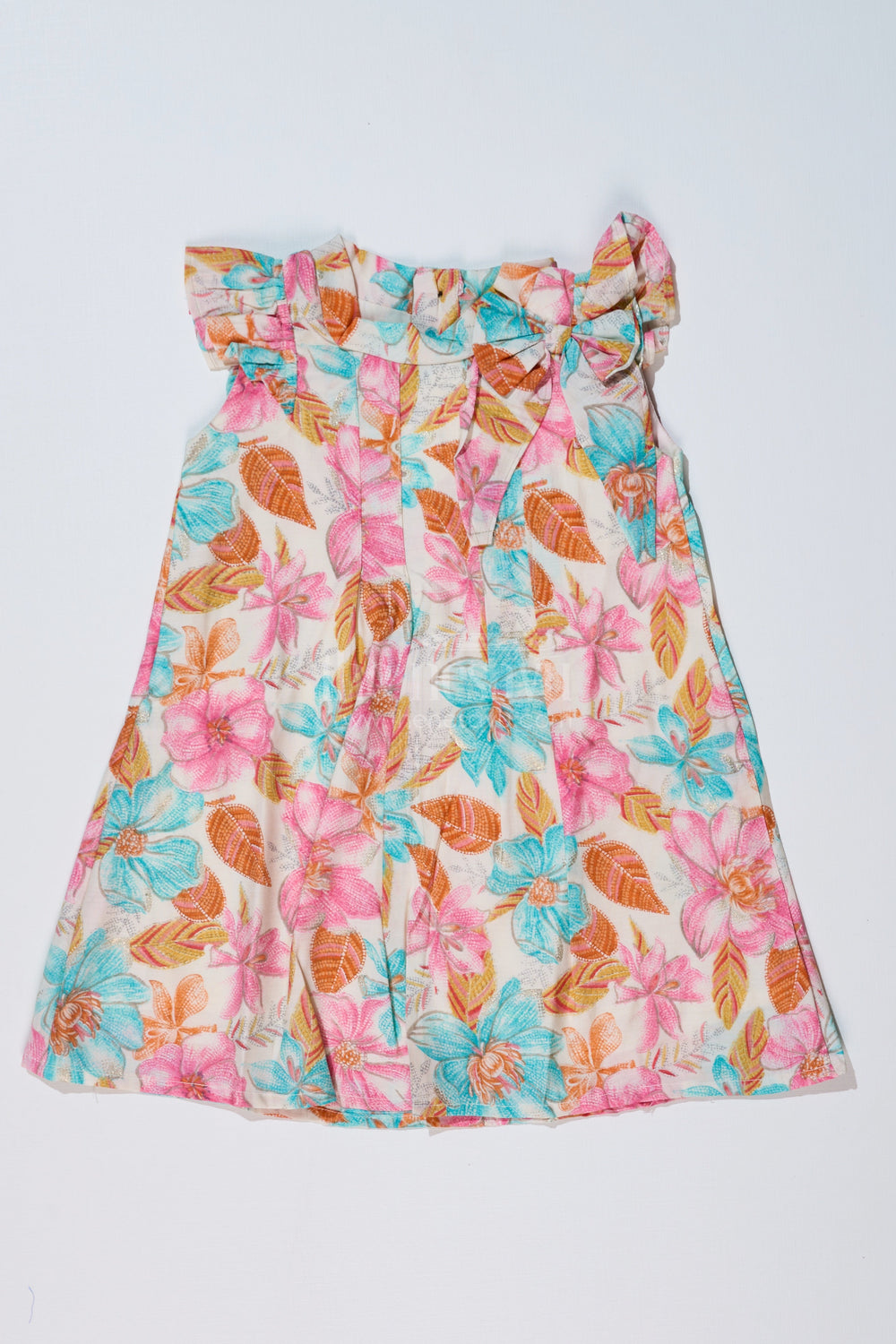 The Nesavu Girls Cotton Frock Girls Trendy Floral Long Frock in Muslin Silk with Elegant Pleats and Bow Detail Nesavu 16 (1Y) / Multicolor GFC1607A-16 Nesavu Girls Trendy Floral Long Frock Muslin Silk Elegant Pleats Bow