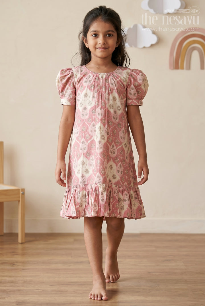 The Nesavu Girls Fancy Frock Girls Trendy Frock Designs in Pink Muslin Silk with Leaf Print Motifs and Ruffle Trim for Stylish Days Nesavu 18 (2Y) / Pink GFC1757B-18 Nesavu Pink Muslin Silk Trendy Frock Designs Girls Leaf Motifs Ruffle Hem