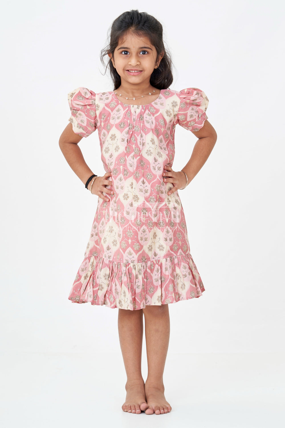 The Nesavu Girls Fancy Frock Girls Trendy Frock Designs in Pink Muslin Silk with Leaf Print Motifs and Ruffle Trim for Stylish Days Nesavu Nesavu Pink Muslin Silk Trendy Frock Designs Girls Leaf Motifs Ruffle Hem