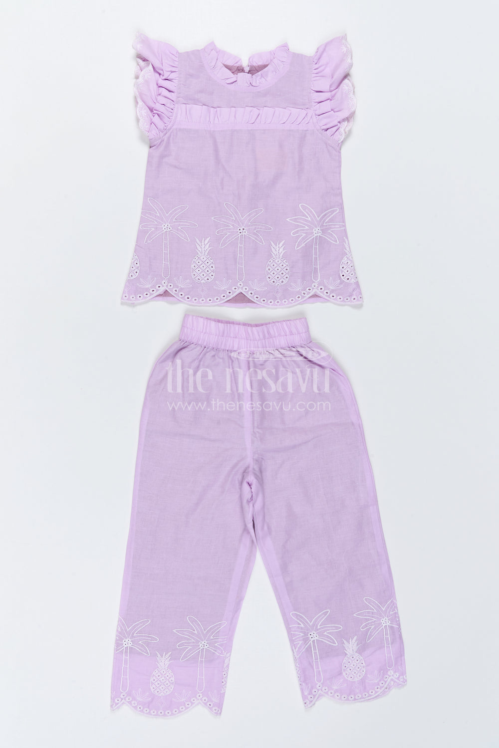 The Nesavu Girls Co-Ord Sets Girls Tropical Co Ord Outfit for Holiday Photo Moments Nesavu 22 (4Y) / Purple / Cotton Blend GCS067B-22 Nesavu Girls Tropical Embroidered Co Ord Outfit With Relaxed Fit Pants For Holiday Outings