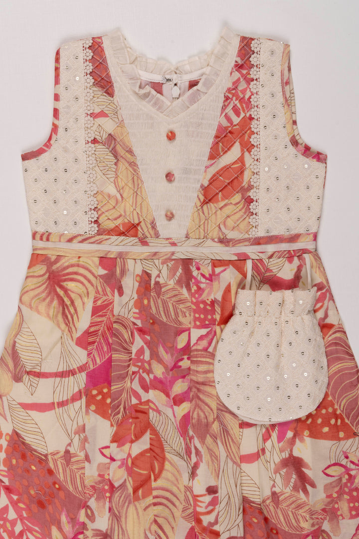 The Nesavu Girls Cotton Frock Girls Tropical Paradise Cotton Frock with Delicate Lace Accents Nesavu Exotic Leaf Print Cotton Frock for Girls | Summer Floral Elegance | The Nesavu