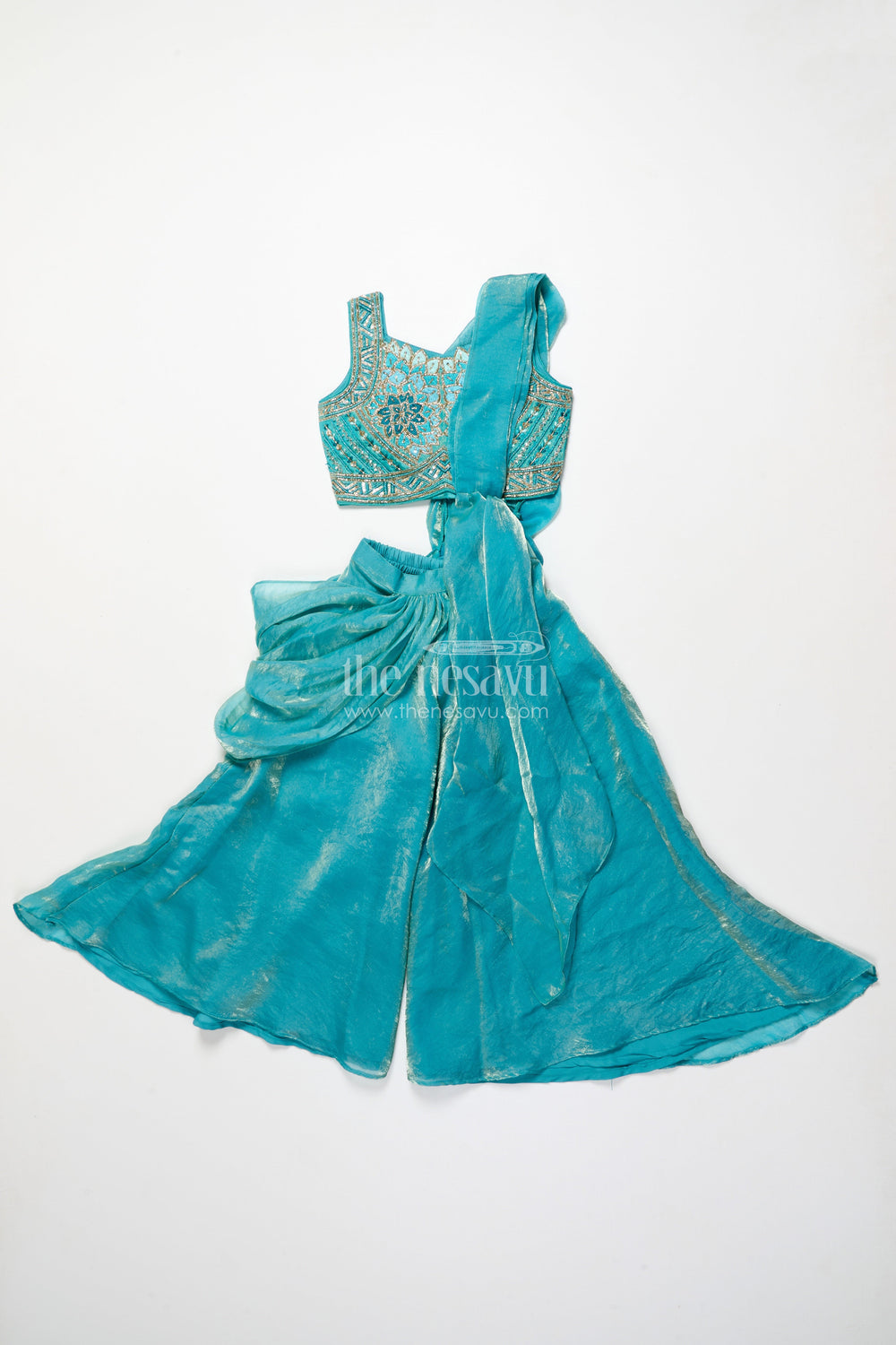 The Nesavu Girls Sharara / Plazo Set Girls Turquoise Organza Sharara Set with Embroidered Blouse for Weddings Nesavu 24 (5Y) / Turquoise GPS629A-24 Nesavu turquoise organza sharara set embroidered blouse girls wedding wear