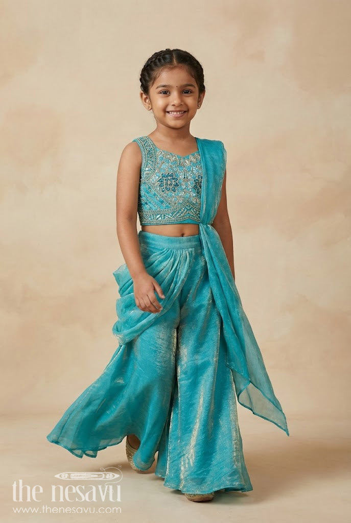 The Nesavu Girls Sharara / Plazo Set Girls Turquoise Organza Sharara Set with Embroidered Blouse for Weddings Nesavu 24 (5Y) / Turquoise GPS629A-24 Nesavu turquoise organza sharara set embroidered blouse girls wedding wear