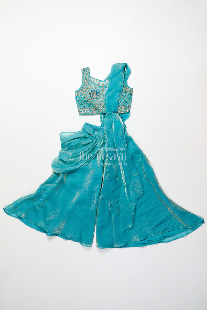 The Nesavu Girls Sharara / Plazo Set Girls Turquoise Organza Sharara Set with Embroidered Blouse for Weddings Nesavu Nesavu turquoise organza sharara set embroidered blouse girls wedding wear