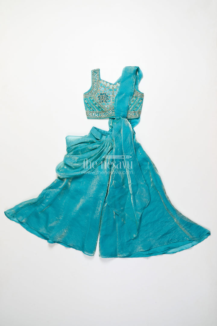 The Nesavu Girls Sharara / Plazo Set Girls Turquoise Organza Sharara Set with Embroidered Blouse for Weddings Nesavu Nesavu turquoise organza sharara set embroidered blouse girls wedding wear