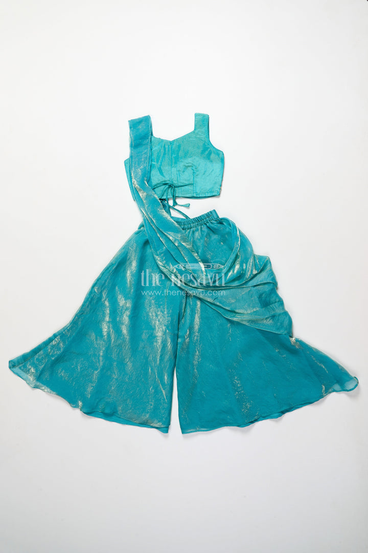 The Nesavu Girls Sharara / Plazo Set Girls Turquoise Organza Sharara Set with Embroidered Blouse for Weddings Nesavu Nesavu turquoise organza sharara set embroidered blouse girls wedding wear