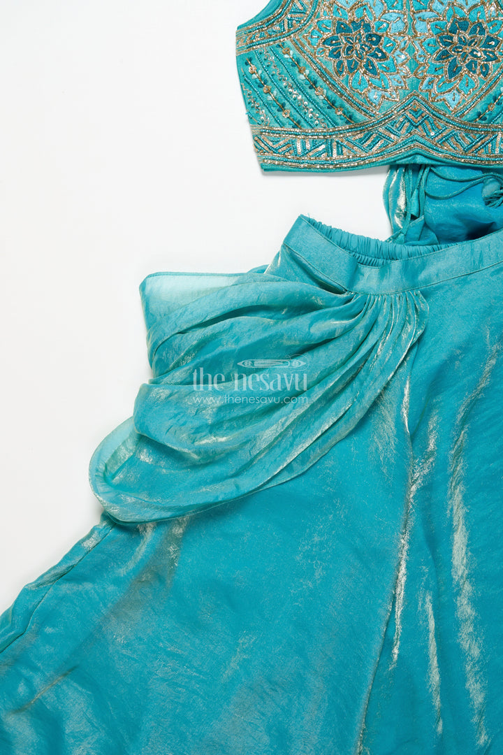 The Nesavu Girls Sharara / Plazo Set Girls Turquoise Organza Sharara Set with Embroidered Blouse for Weddings Nesavu Nesavu turquoise organza sharara set embroidered blouse girls wedding wear