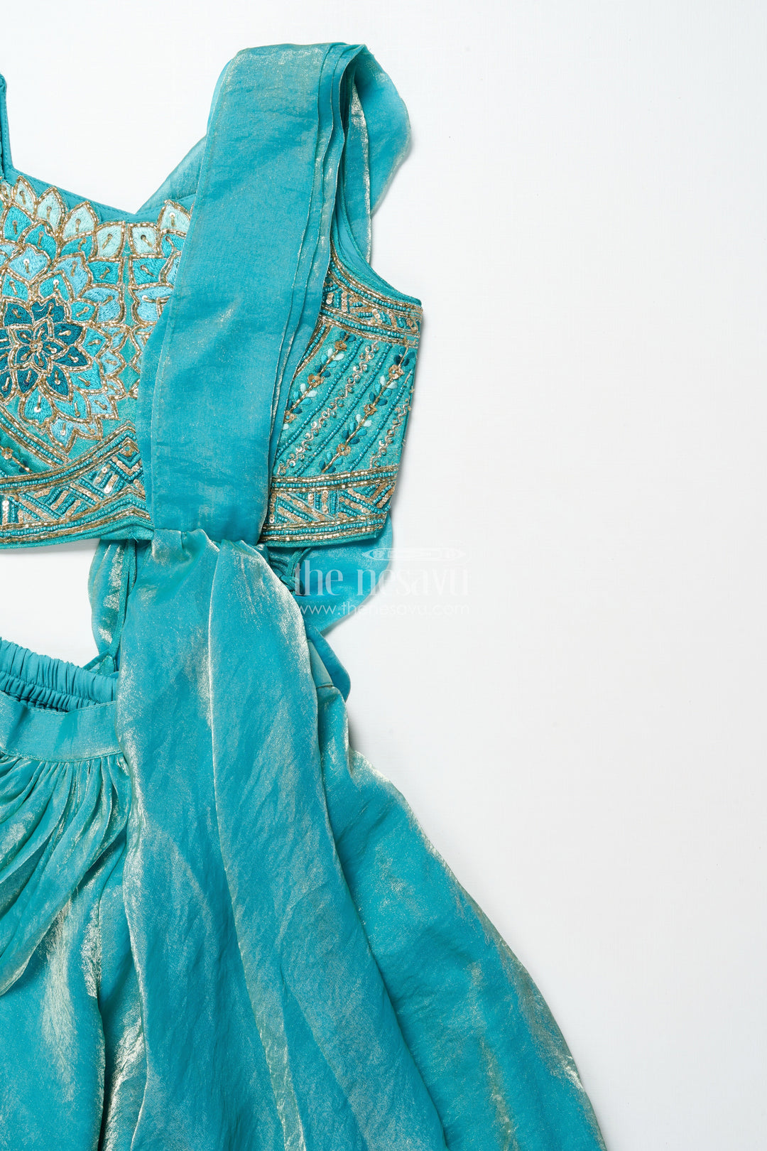 The Nesavu Girls Sharara / Plazo Set Girls Turquoise Organza Sharara Set with Embroidered Blouse for Weddings Nesavu Nesavu turquoise organza sharara set embroidered blouse girls wedding wear