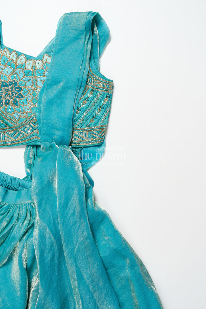 The Nesavu Girls Sharara / Plazo Set Girls Turquoise Organza Sharara Set with Embroidered Blouse for Weddings Nesavu Nesavu turquoise organza sharara set embroidered blouse girls wedding wear