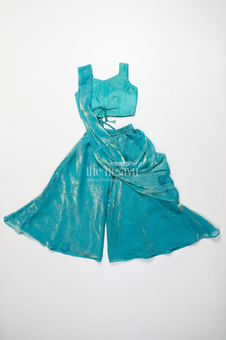 The Nesavu Girls Sharara / Plazo Set Girls Turquoise Organza Sharara Set with Embroidered Blouse for Weddings Nesavu Nesavu turquoise organza sharara set embroidered blouse girls wedding wear