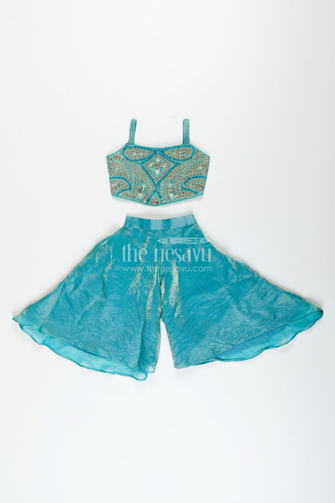 The Nesavu Girls Sharara / Plazo Set Girls turquoise sharara set in organza with heavy embroidered yoke Nesavu Nesavu girls turquoise sharara set organza heavy embroidered yoke festive occasions