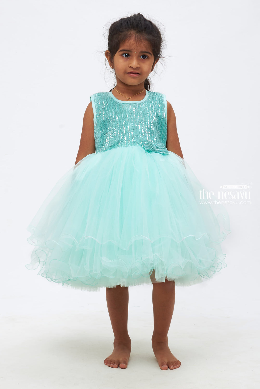 The Nesavu Girls Tutu Frock Girls Turquoise Tulle Dress with Glistening Sequin Embroidery Nesavu 16 (1Y) / Turquoise / Plain Net PF161B-16 Girls Sequin and Tulle Party Dresses | Glamorous and Cute | The Nesavu