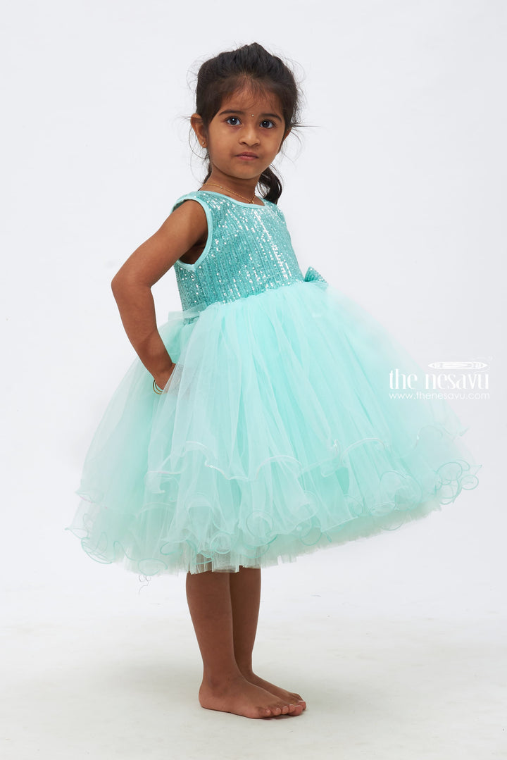 The Nesavu Girls Tutu Frock Girls Turquoise Tulle Dress with Glistening Sequin Embroidery Nesavu Girls Sequin and Tulle Party Dresses | Glamorous and Cute | The Nesavu