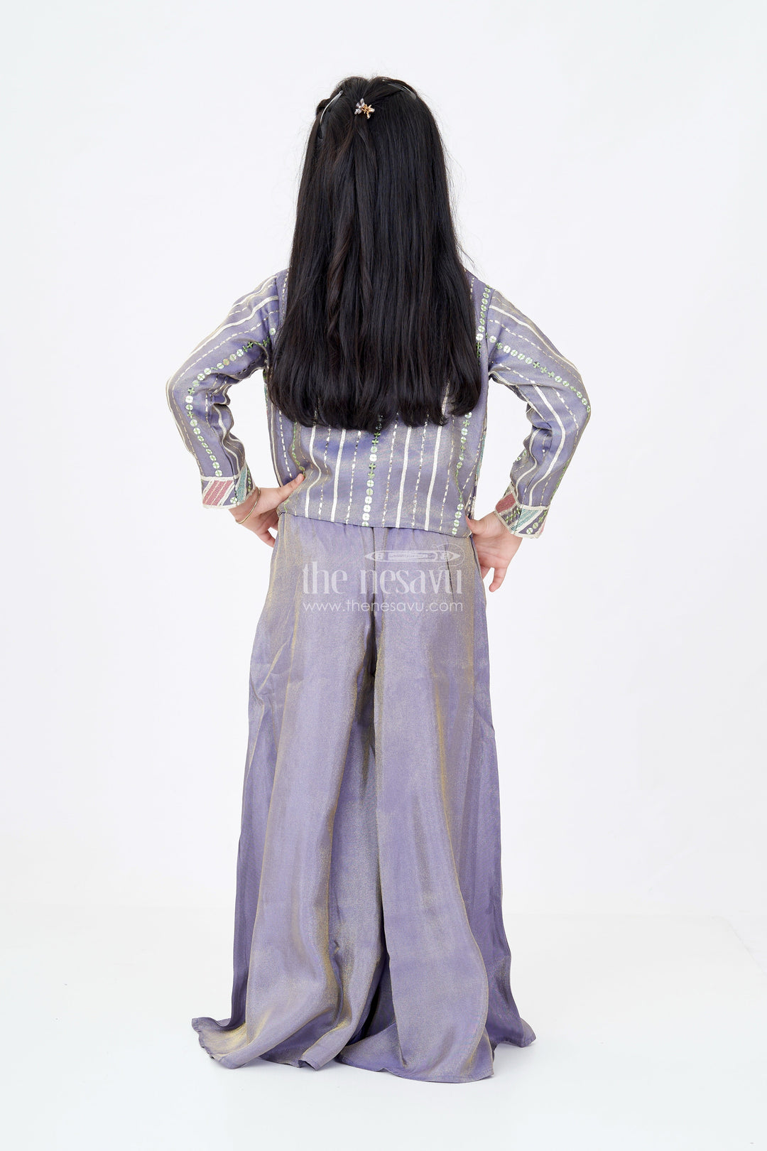 The Nesavu Girls Sharara / Plazo Set Girls Two Piece Suit Jacket Skirt Set in Banarasi Kora Tissue Silk with Floral Embroidery Nesavu Nesavu Girls Two Piece Suit Jacket Skirt Banarasi Silk Floral Embroidery Stylish Cut