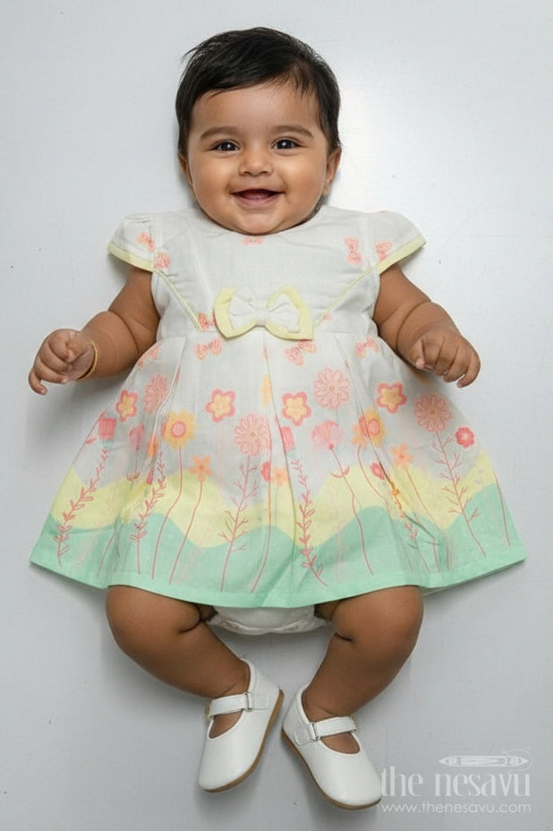 The Nesavu Baby Cotton Frocks Girls Ugadi Special Frock Dress in Soft Cotton with Pastel Floral Print and Yellow Bow Detail Nesavu 14 (6M) / Yellow BFJ756A-14 Girls Cotton Ugadi Special Frock Dress Floral Print Yellow Waist Bow Festive Comfort | The Nesavu